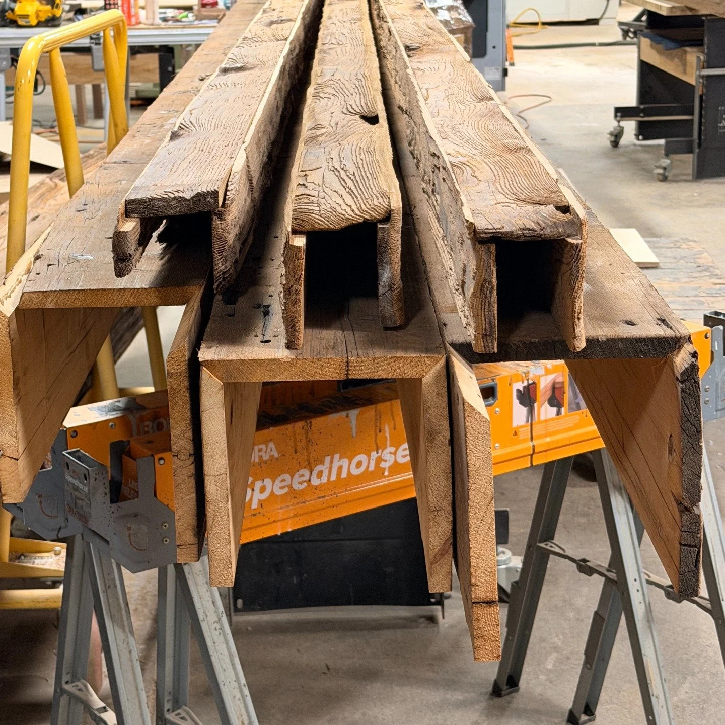 These faux barnwood beams are almost there. The faces are done, the edges need to be aged before they head to their forever home. It's a detail most people don't think about, but its the difference between a beam looks finished and one that looks rea