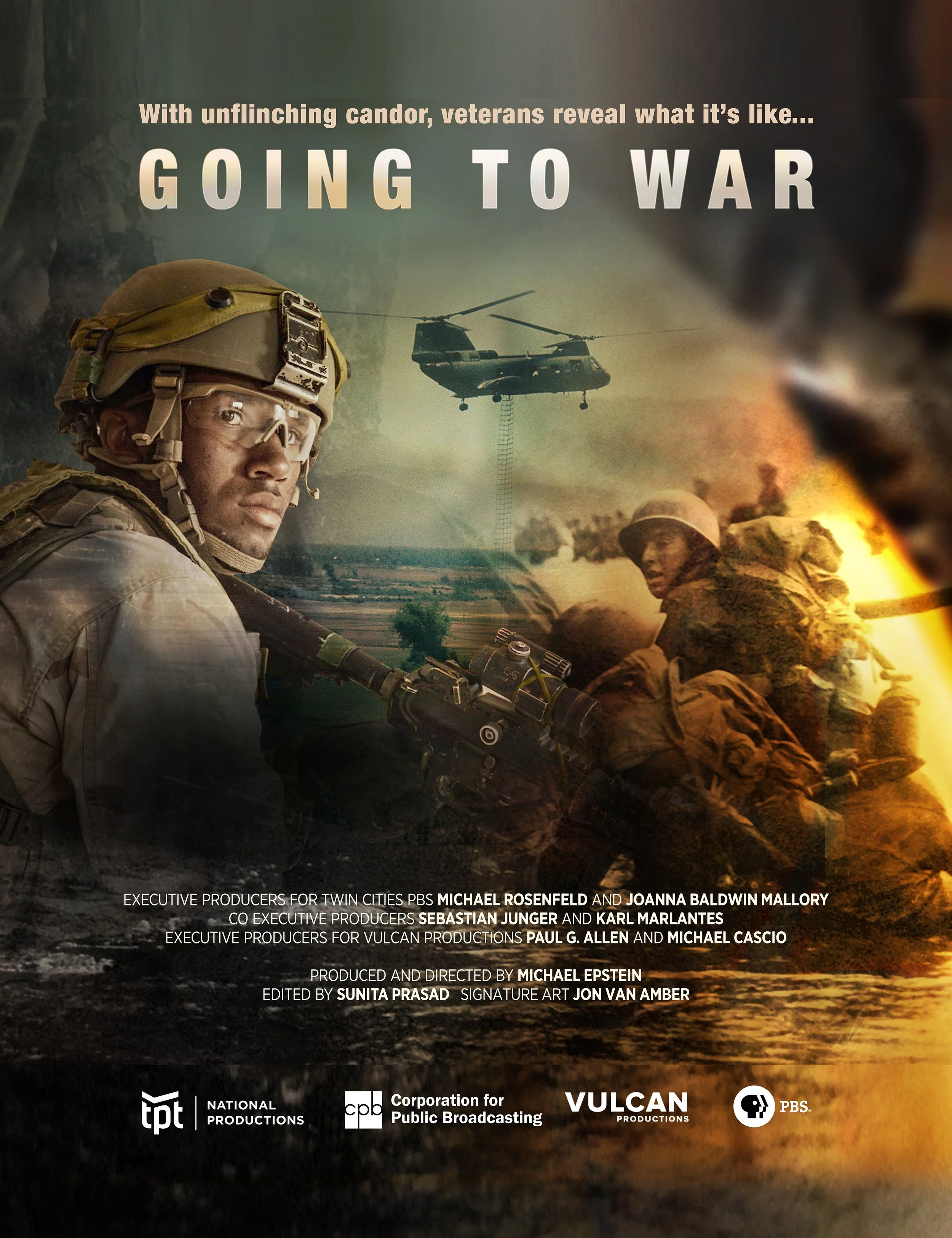 Poster for a documentary titled 'Going to War,' featuring soldiers, a helicopter, and explosions, with text about veterans sharing their war experiences.