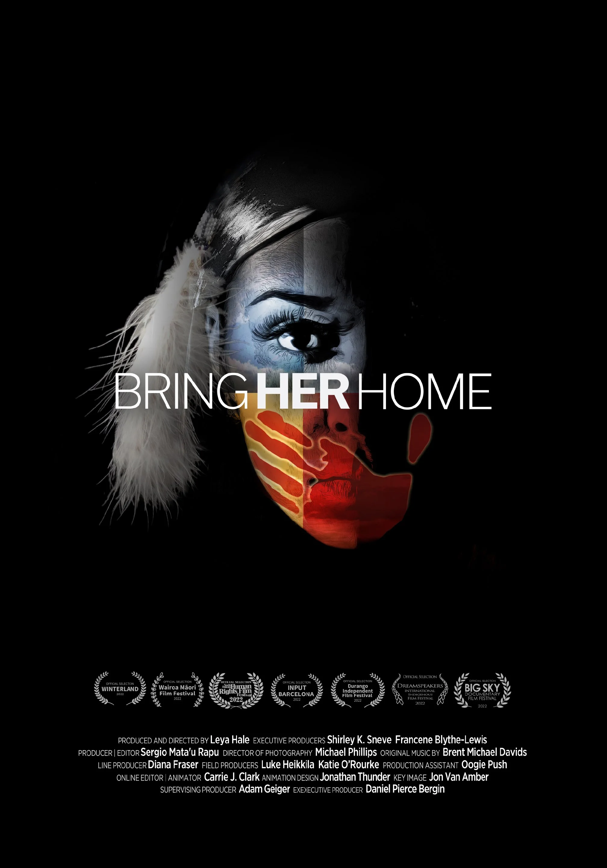Movie poster with a woman's face, half painted with red and white stripes, and distressed face paint, with the title 'Bring Her Home' overlayed.