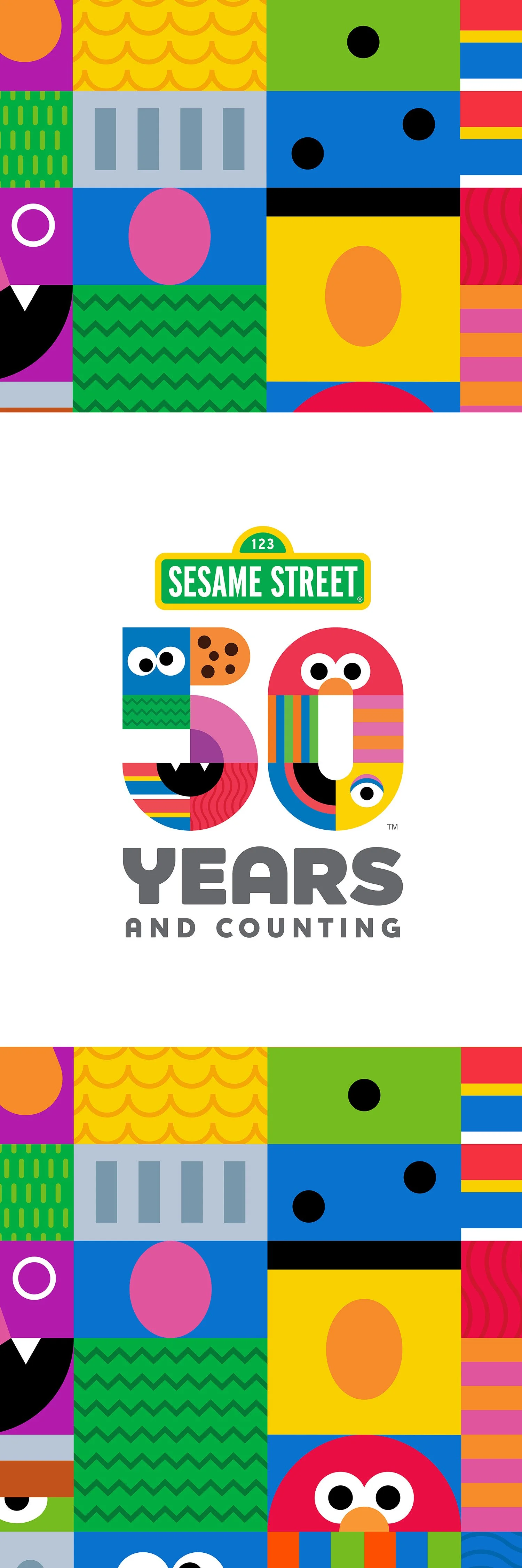 Colorful graphic celebrating 50 years of Sesame Street with the Sesame Street logo and number 50 made of cartoon-style textured patterns and faces.