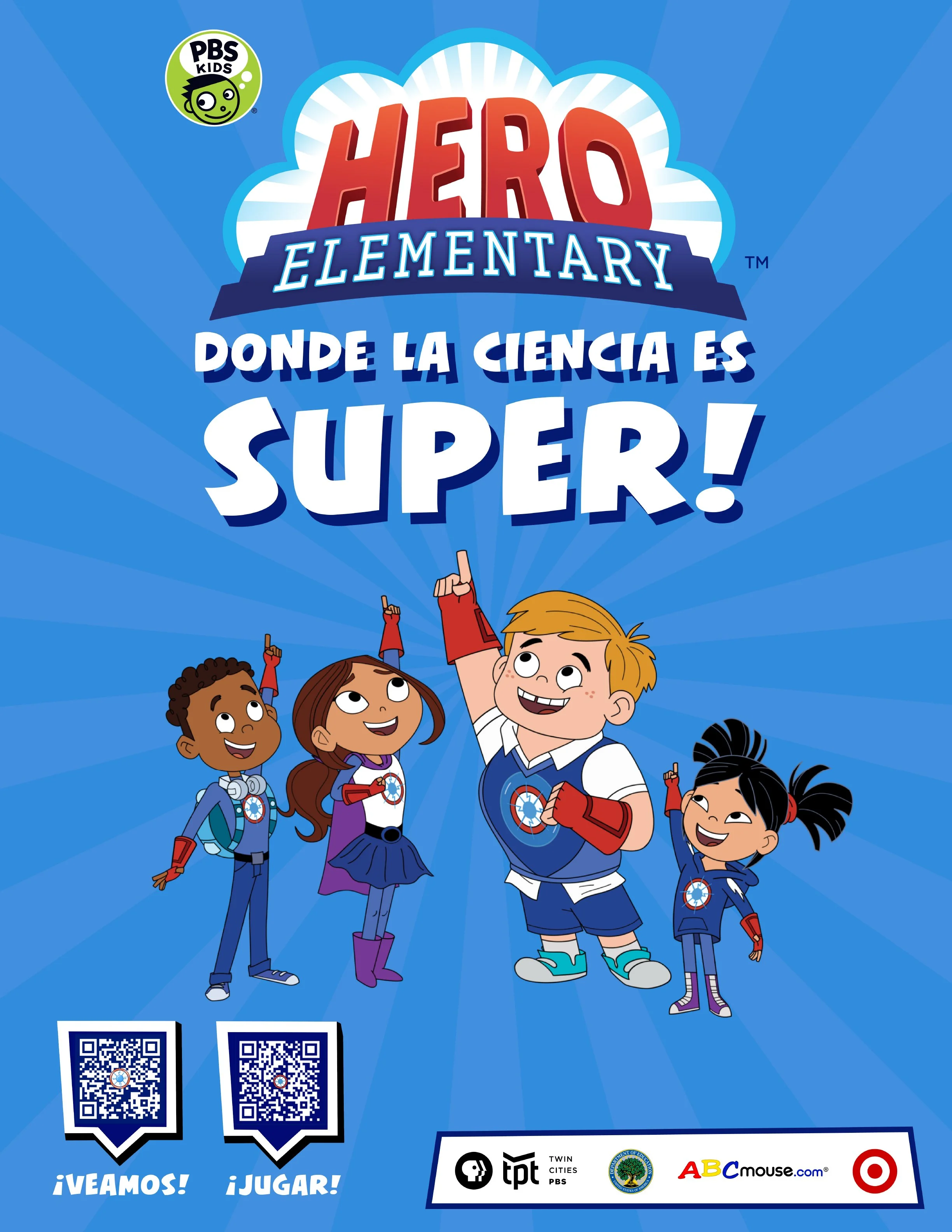 Cover of the educational booklet titled 'Hero Elementary: Donde La Ciencia Es Super!' featuring four children dressed as superheroes with a blue background and QR codes at the bottom.
