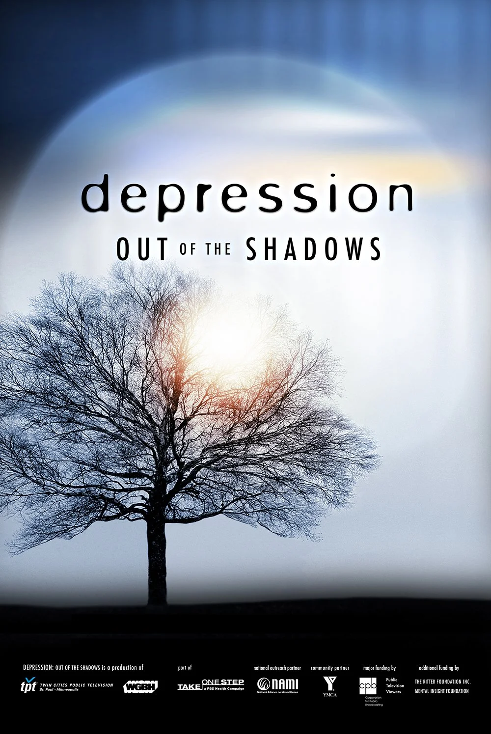 A movie poster for 'Depression: Out of the Shadows' featuring a leafless tree and a bright light behind it, with a cloudy sky in the background.