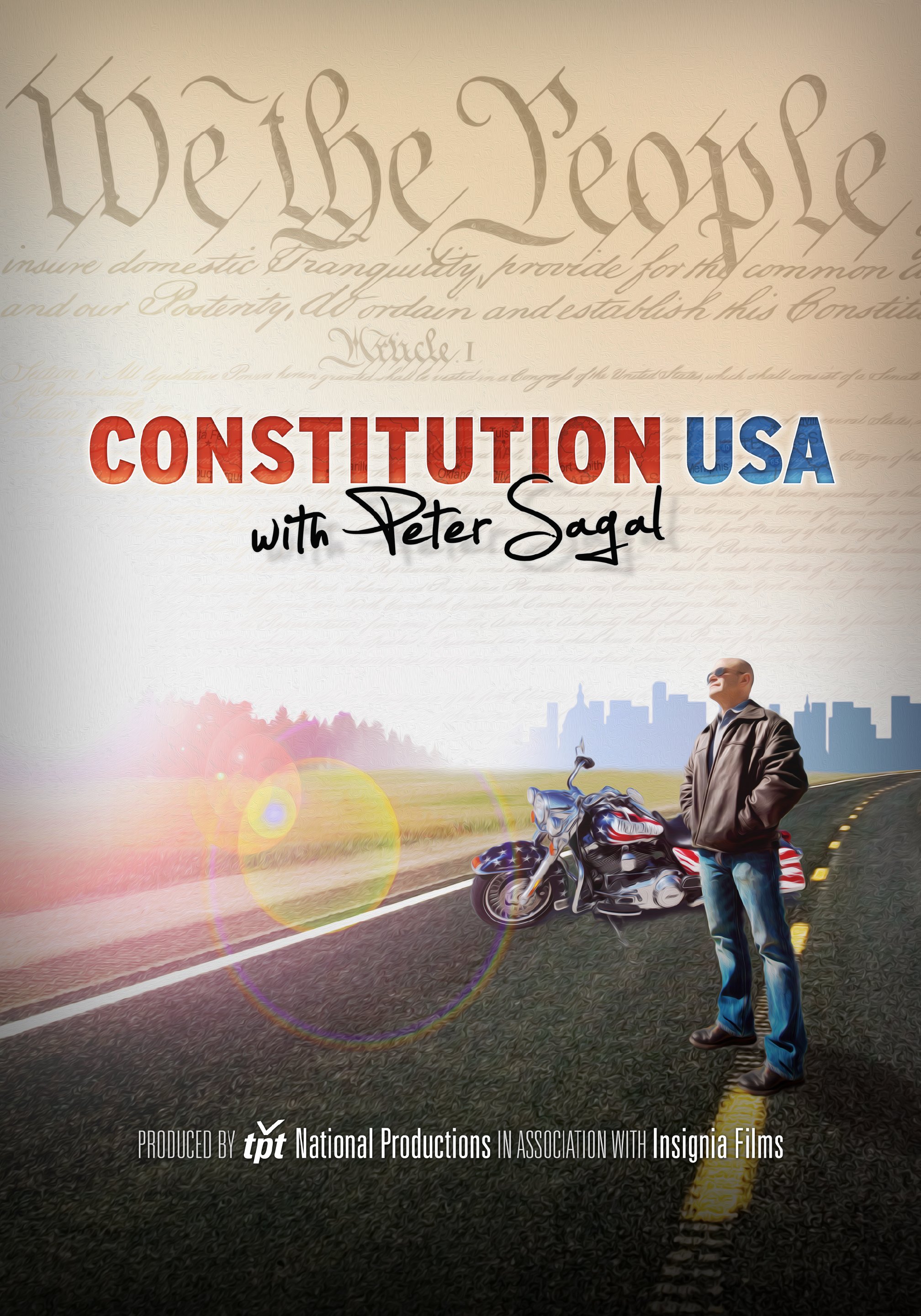 Book cover titled 'Constitution USA with Peter Sagal' with a man standing next to a motorcycle on a road, a city skyline in the background, and a faded U.S. Constitution in the background.
