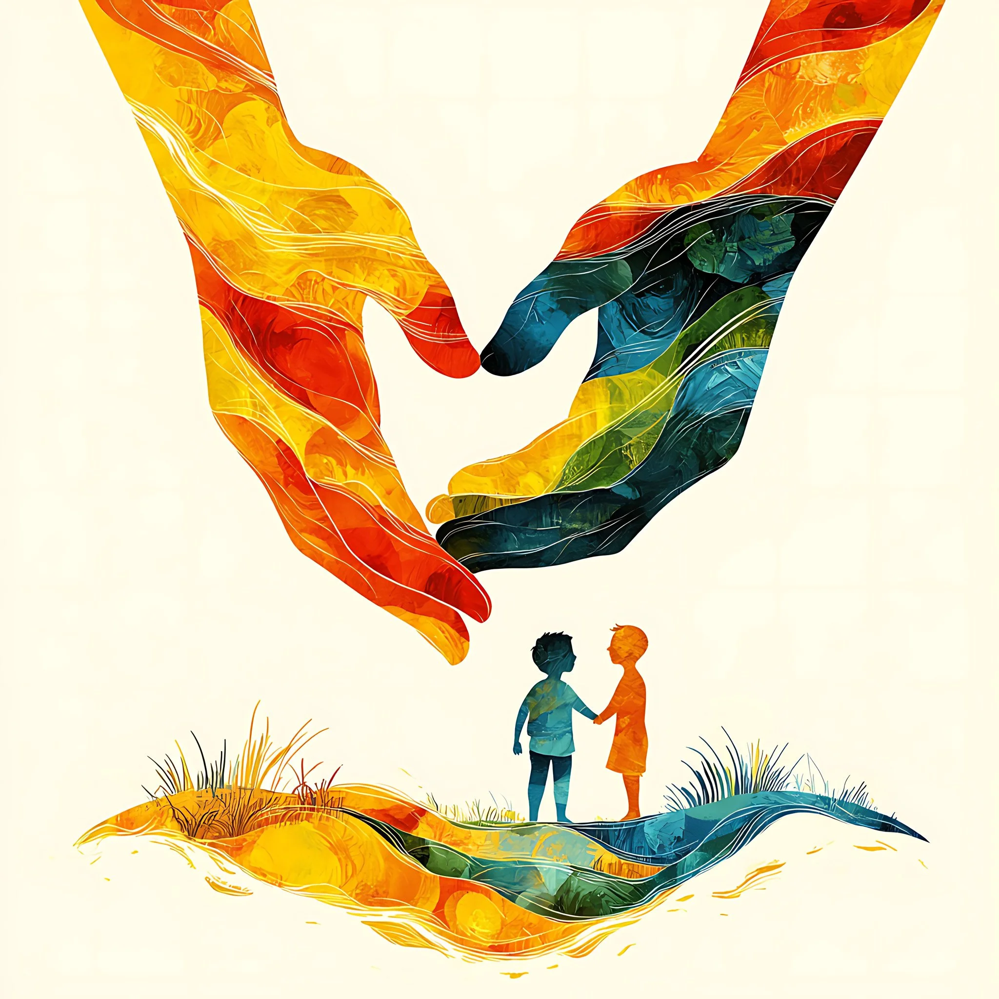 Ilustração de duas mãos coloridas formando um coração sobre duas crianças de mãos dadas.