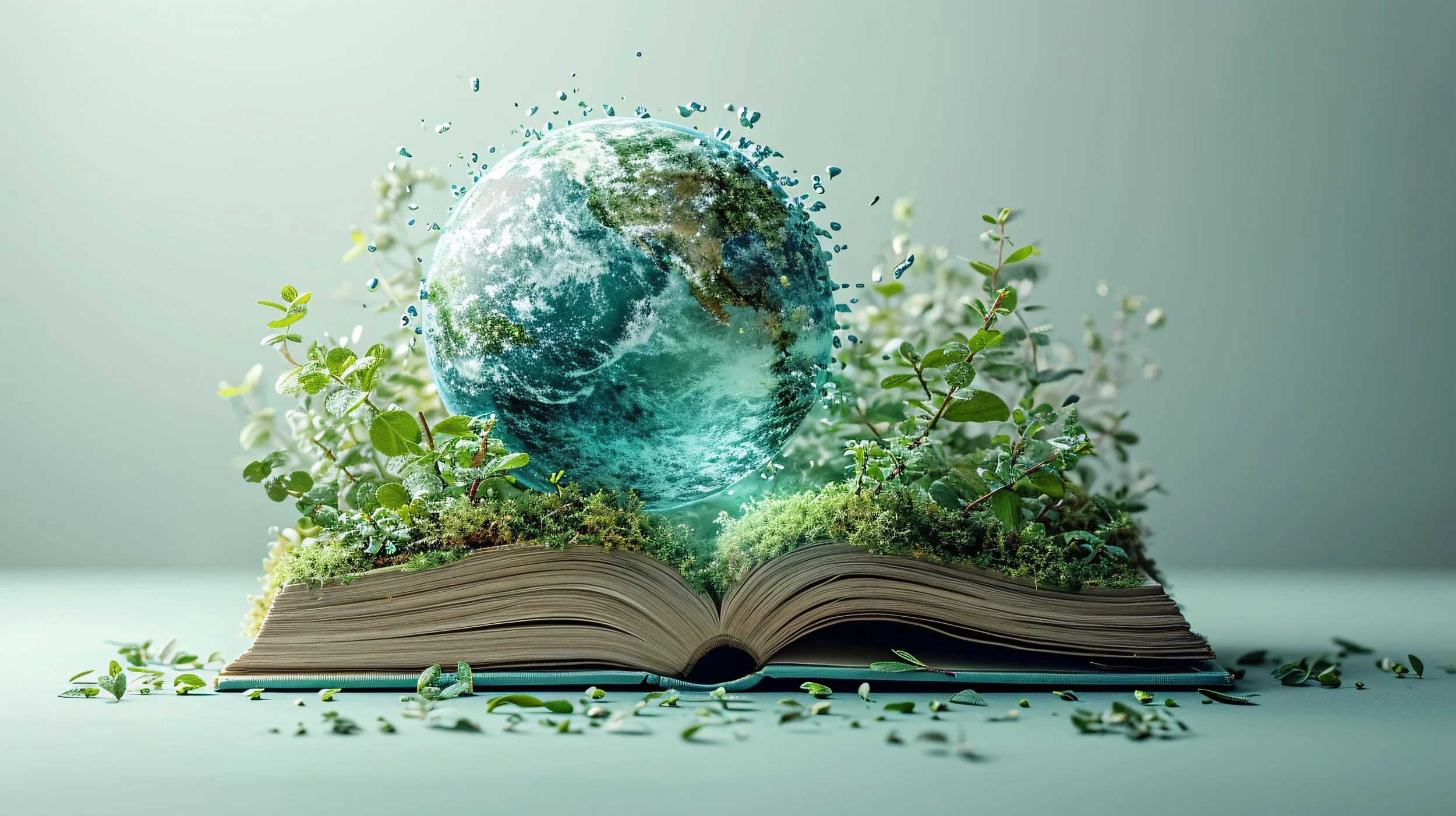 Livro aberto com plantas crescendo e um globo terrestre flutuante, simbolizando a natureza e o meio ambiente.