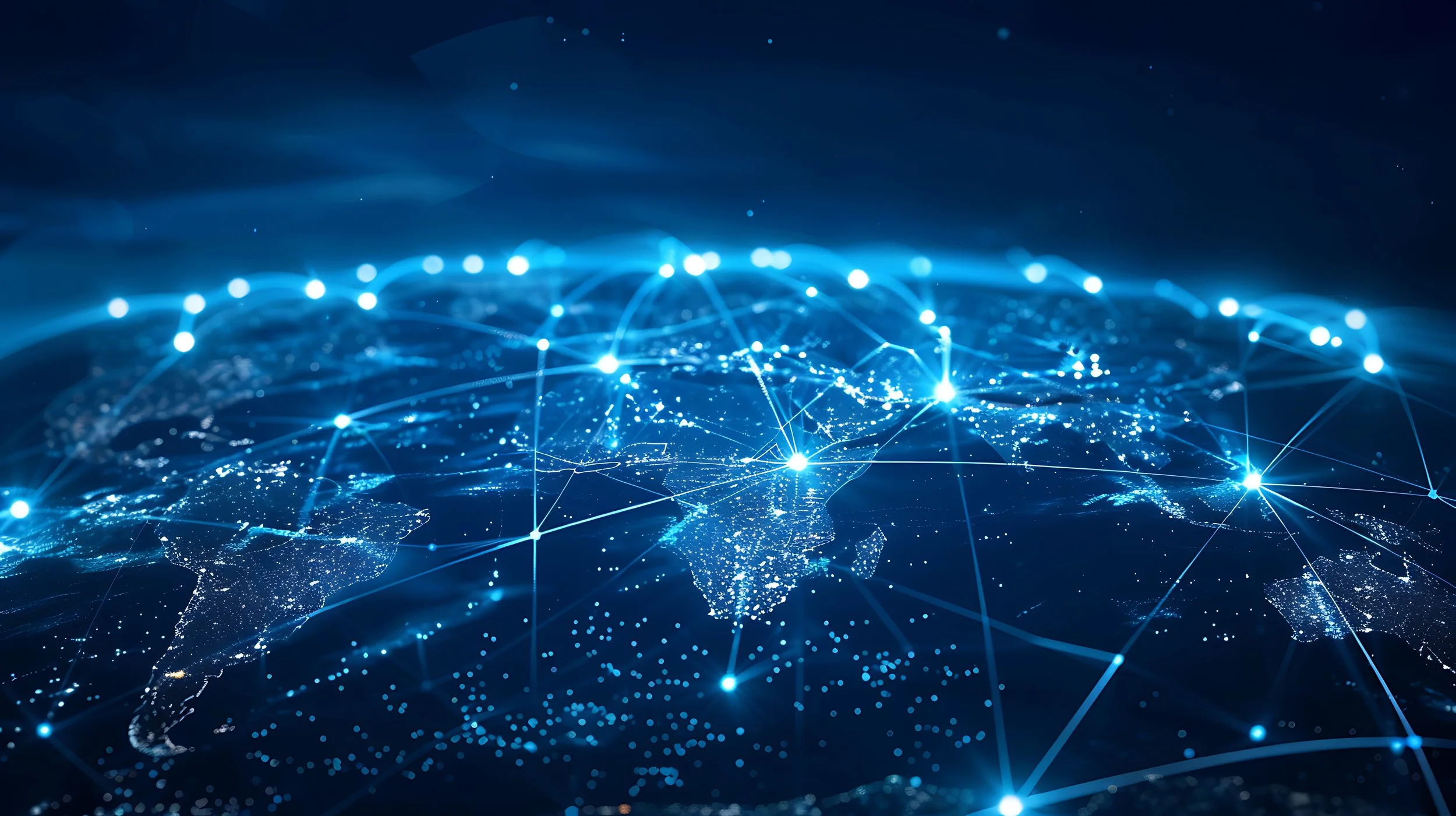Ilustração de um mapa mundial digital com conexões de rede representadas por linhas e pontos de luz em azul.