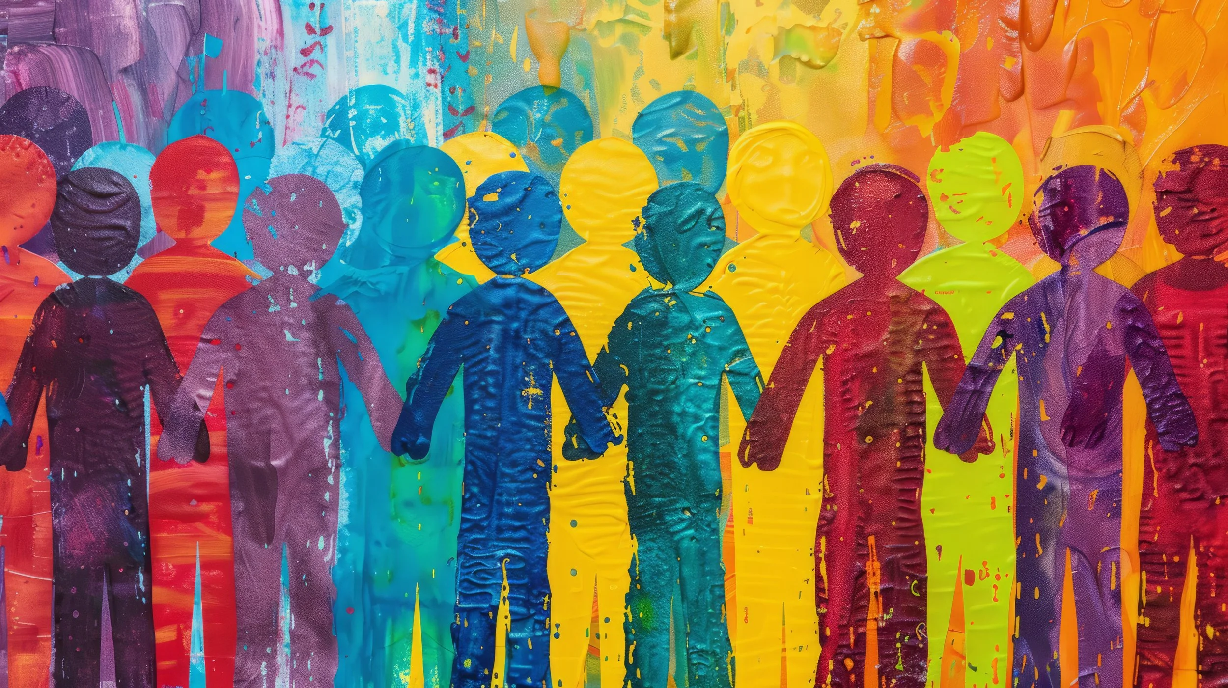 Pintura colorida de figuras humanas de mãos dadas, representando diversidade e união.