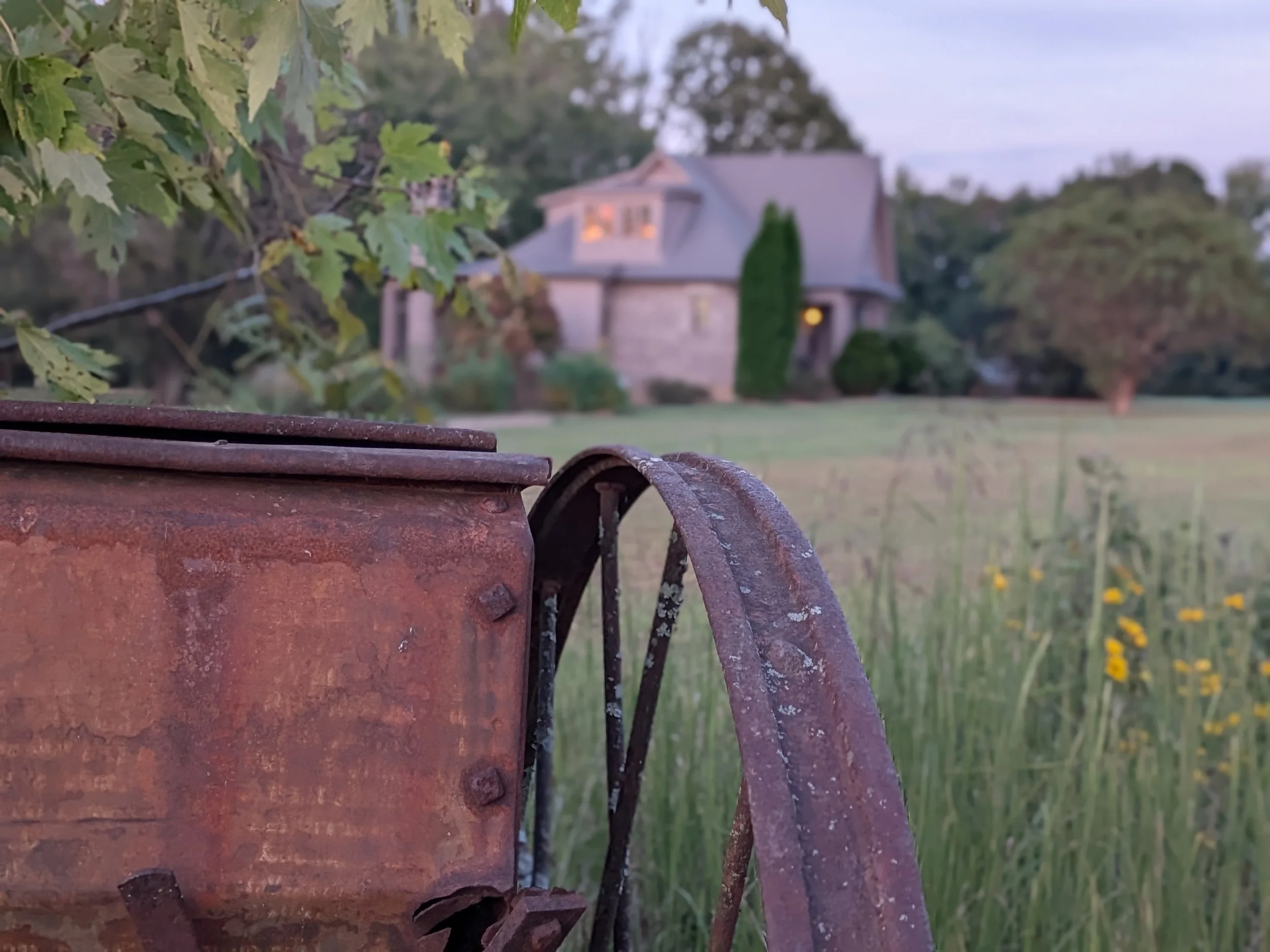 Close-up of a rusty metal garden ornament in the foreground with an out-of-focus suburban house and yard in the background. Green foliage is visible to the left.