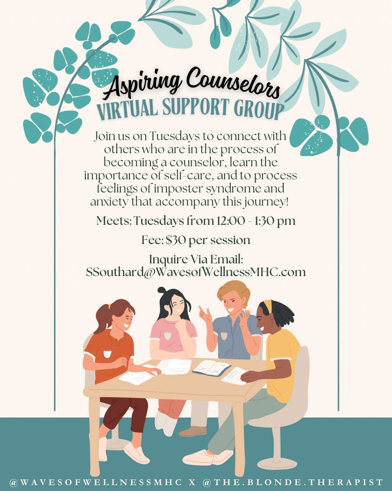 Waves of Wellness MHC will be offering a virtual support group for current counseling students this fall! This group will operate virtually at the low rate of $30 per group on Tuesdays from 12pm to 1:30 pm. Group members must be in NY at the time of 