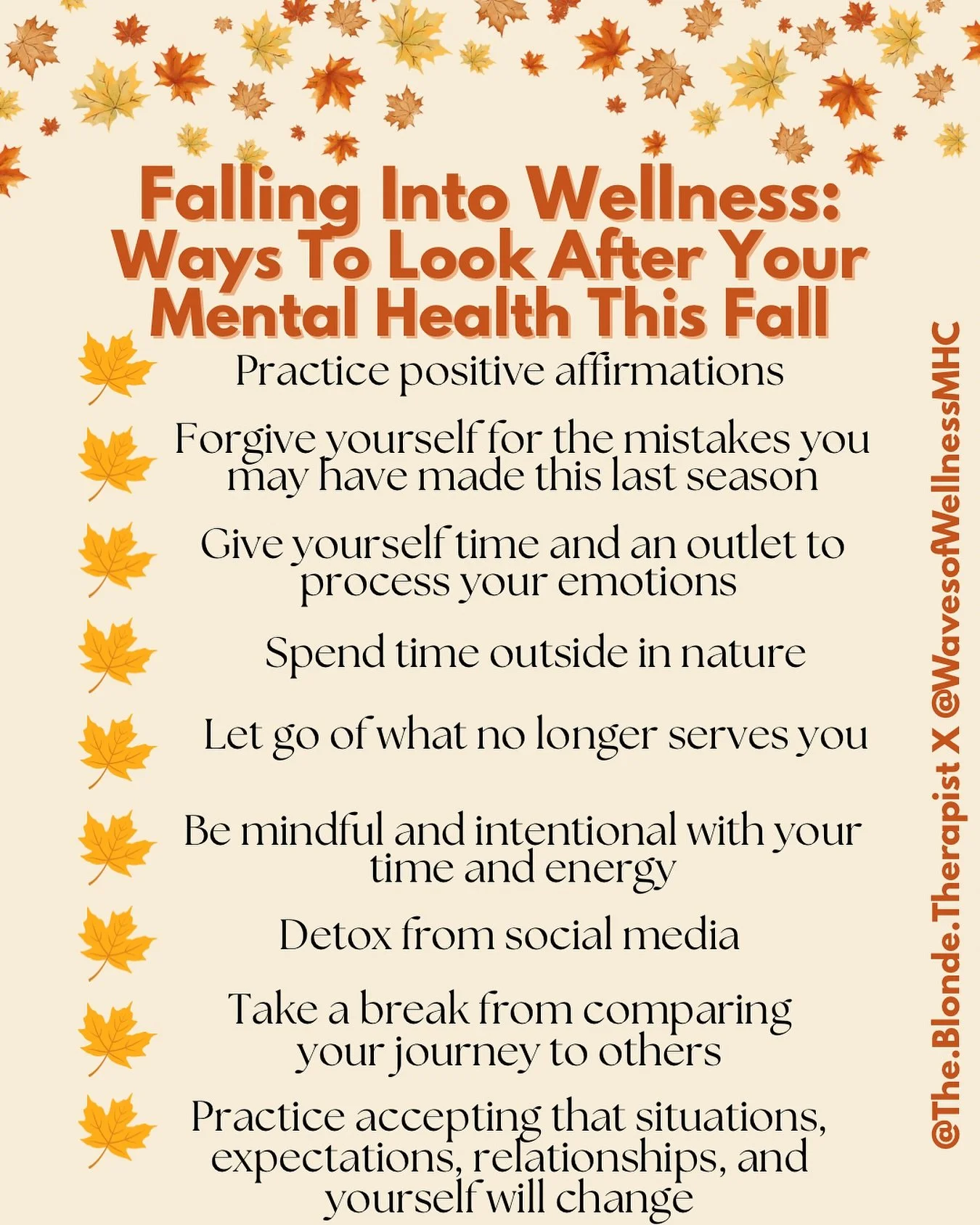 We&rsquo;re falling into wellness here at Waves of Wellness MHC! With the change of the season, make sure you&rsquo;re prioritizing your mental health and checking in with yourself to see what you need! 🍁

In need of a safe outlet to process some of