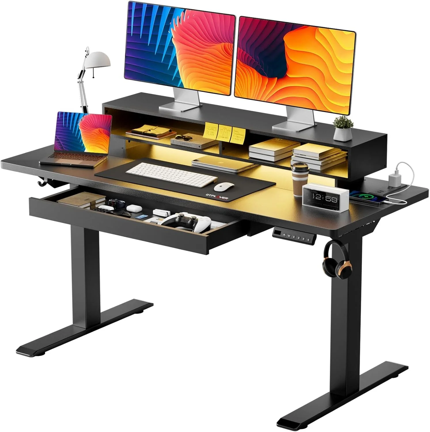 GTPLAYER Electric Standing Desk with Drawers, 48 x 24 Inch Height Adjustable Gaming Desk with Monitor Stand,