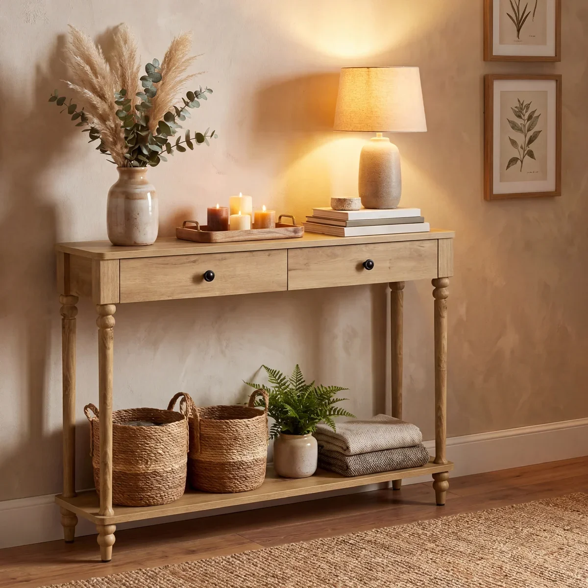 39" Console Table with Shelf and Drawers, Mid-Century Modern Sofa Entryway Table