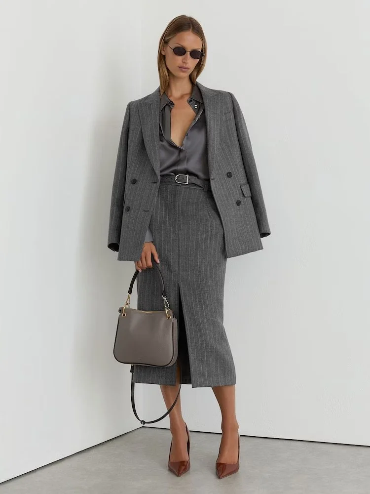 Wool Pinstripe Belted Pencil Skirt in Grey