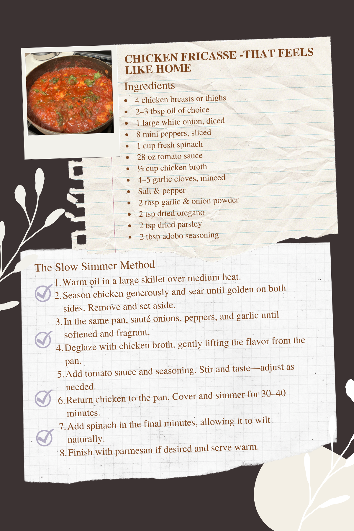 chicken fricasse recipe card with ingredient list and instructions