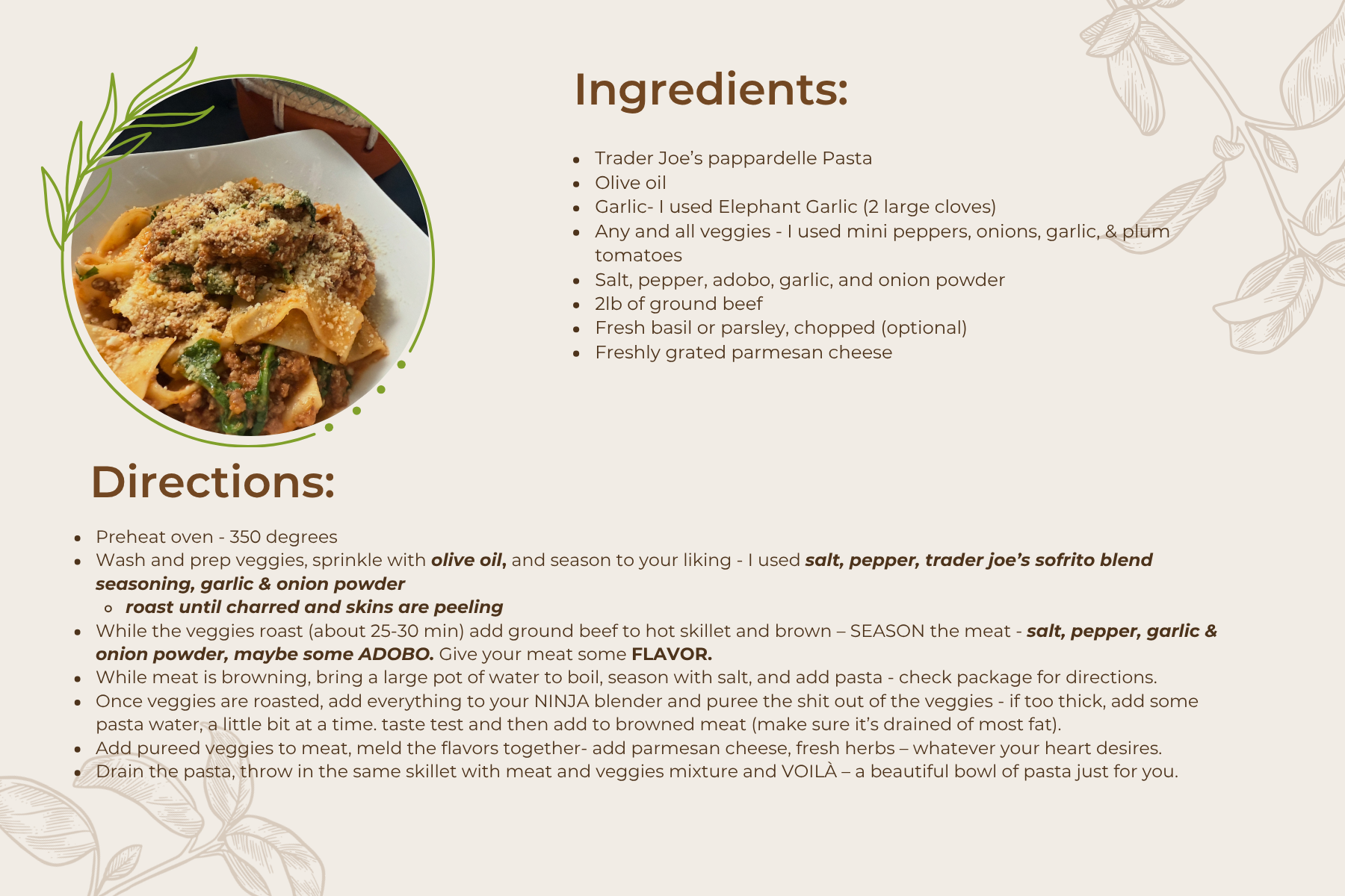 Recipe card for roasted veggie and ground beef bolognese