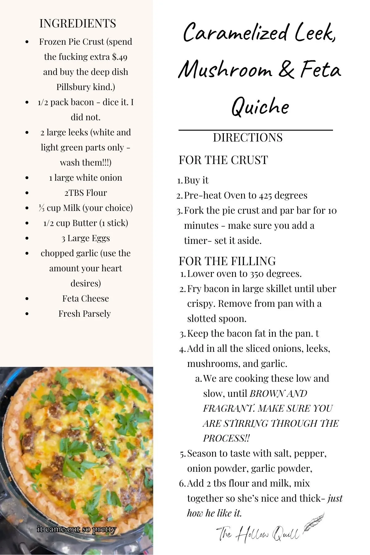 Recipe Card - leek, mushroom, feta quiche