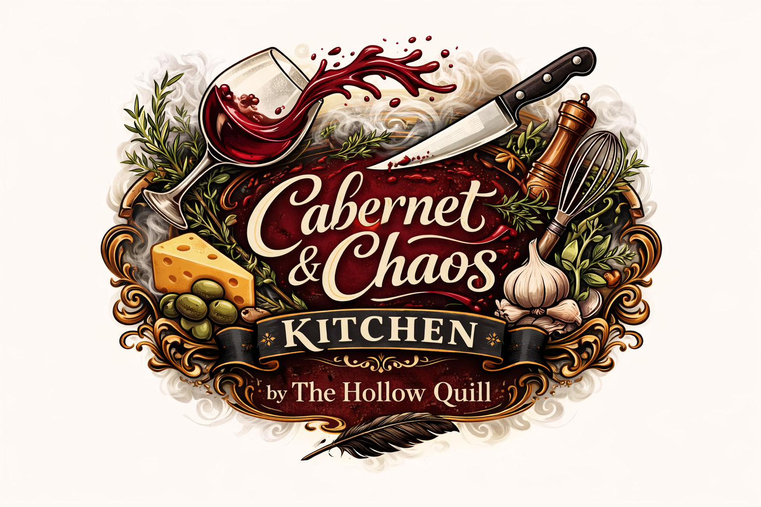 A decorative logo with a glass of red wine spilling over a cutting board of herbs, garlic, cheese, and olives, with a chef's knife, whisk, and pepper mill, featuring the text 'Cabernet & Chaos Kitchen by The Hollow Quill'.