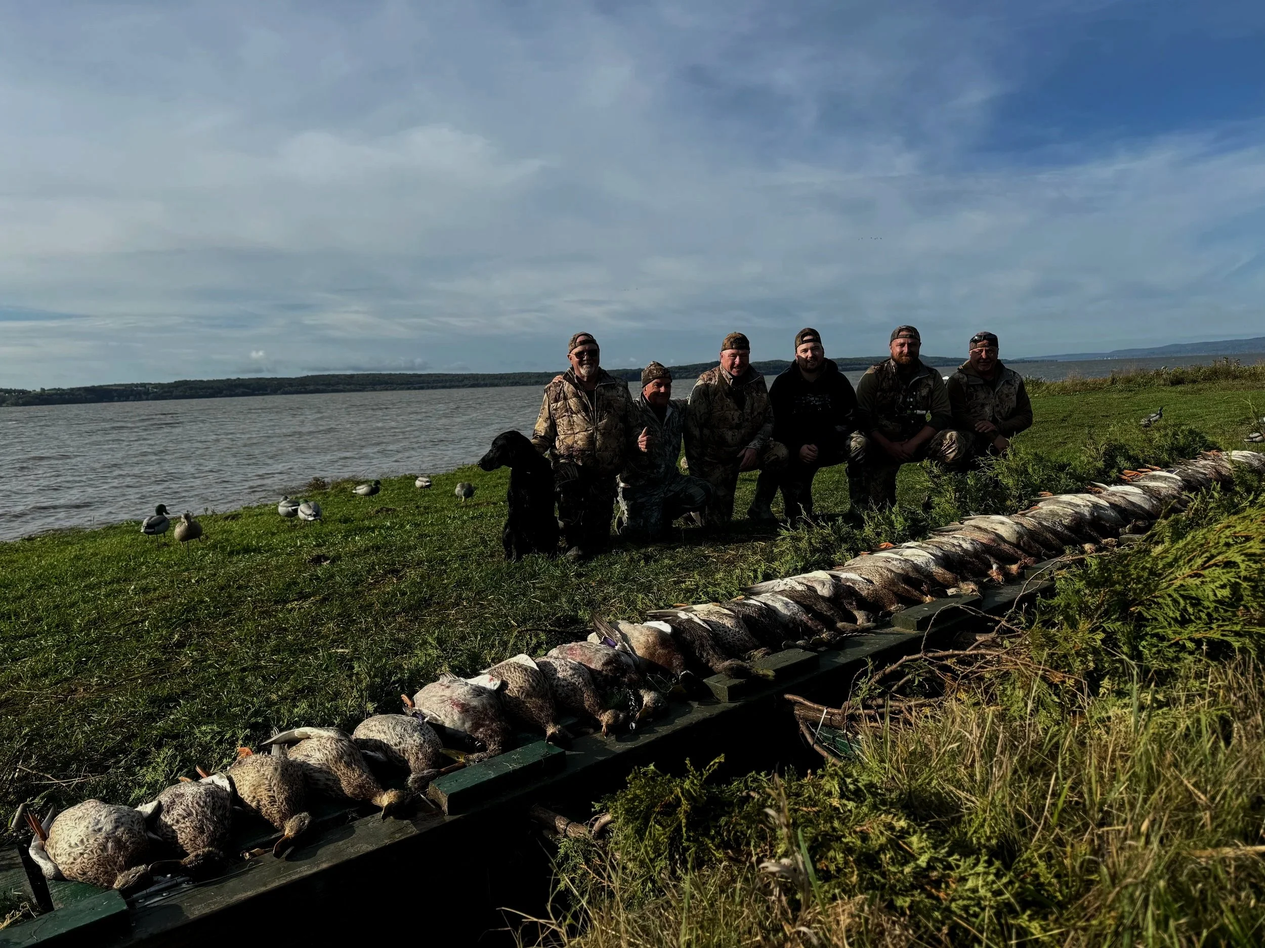 Group of six hunters, dressed in camouflage, kneeling and sitting on grass near a body of water, with a row of hunted ducks lined up in front of them and a black dog sitting nearby.