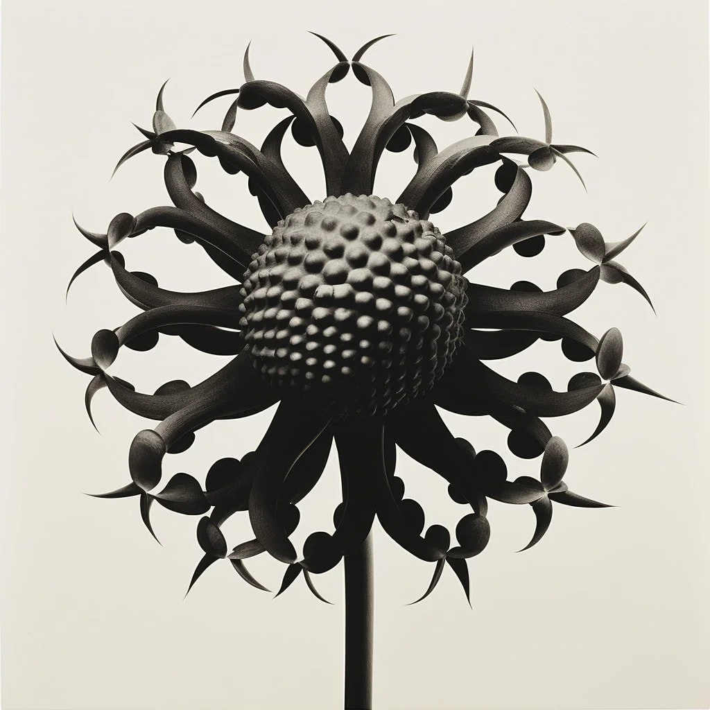 Black metal sculpture resembling a stylized flower or plant with a textured central sphere and curling, pointed petals on a white background.