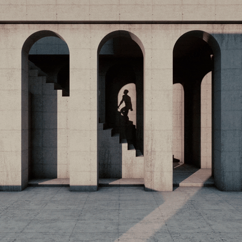 Silhouette of a person walking up stairs in a modern concrete structure with arched openings.