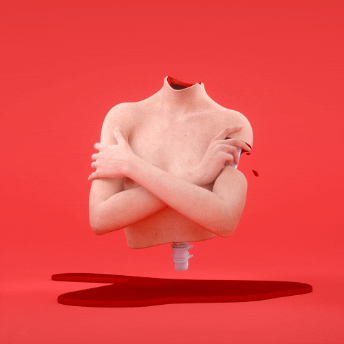 Deconstructed mannequin with a human torso and arms against a red background.
