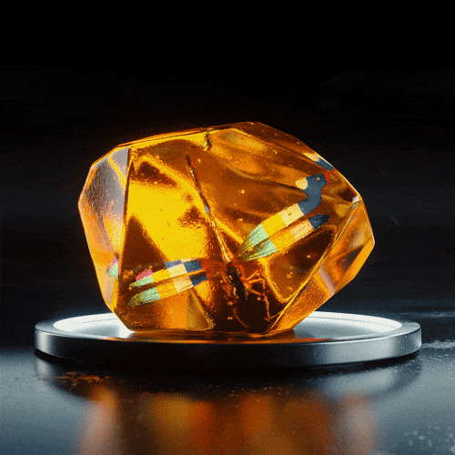 A large, polished amber gemstone placed on a reflective silver display stand.