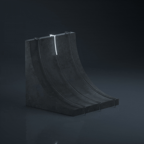 A skateboard ramp with a curved surface and a vertical support wall, illuminated by a strip of white light at the top.