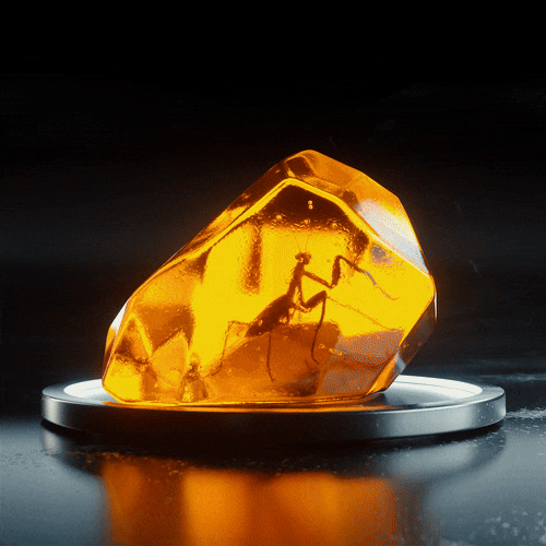 Amber gemstone with a prehistoric insect inside, placed on a silver base.