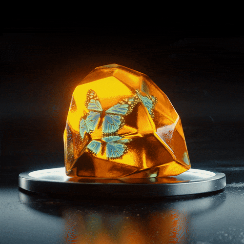 A translucent amber gemstone with blue butterfly inclusions resting on a reflective black surface.