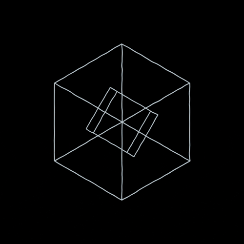 A wireframe 3D cube with a geometric shape inside, all drawn with white lines on a black background.