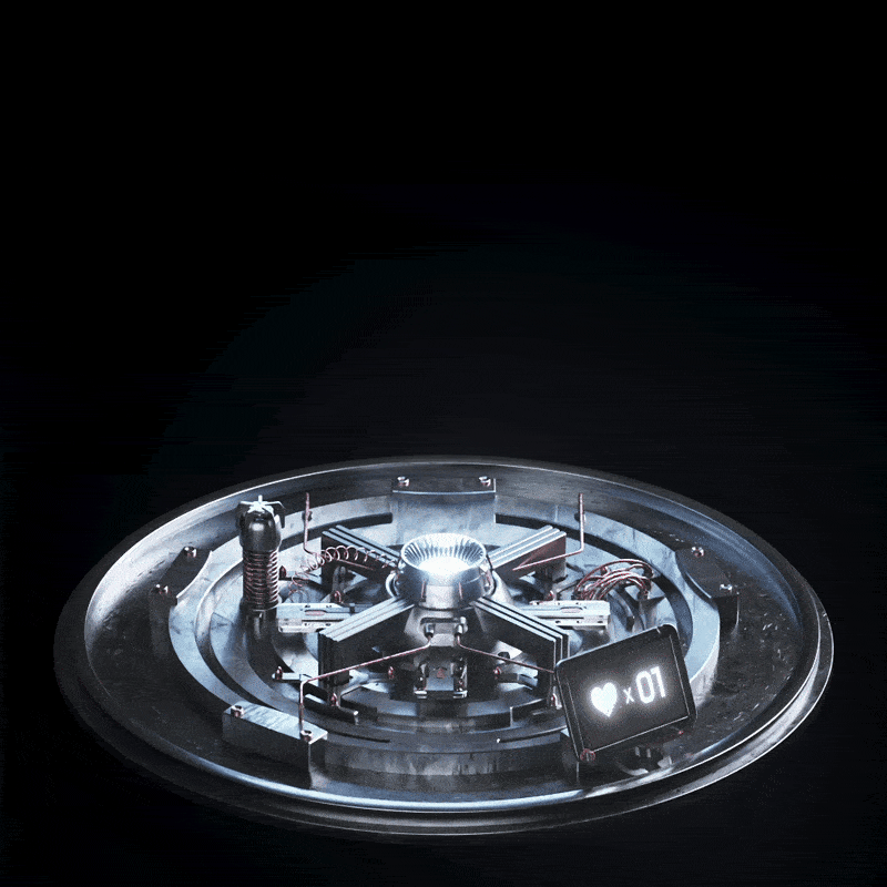 A transparent, circular robot with a metallic center, displaying a digital heart icon with a count of 01, set against a black background.