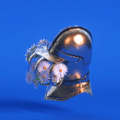 A metallic knight's helmet with a flower crown of white daisies against a blue background.