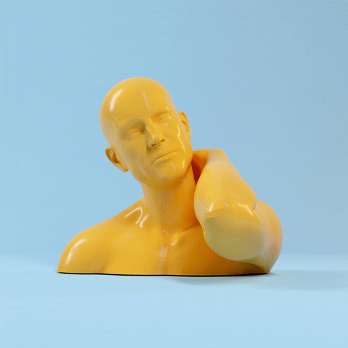 Yellow mannequin head and shoulders with a hand resting on the neck, against a light blue background.