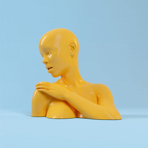 A yellow mannequin head and arm emerging from a yellow torso against a light blue background.