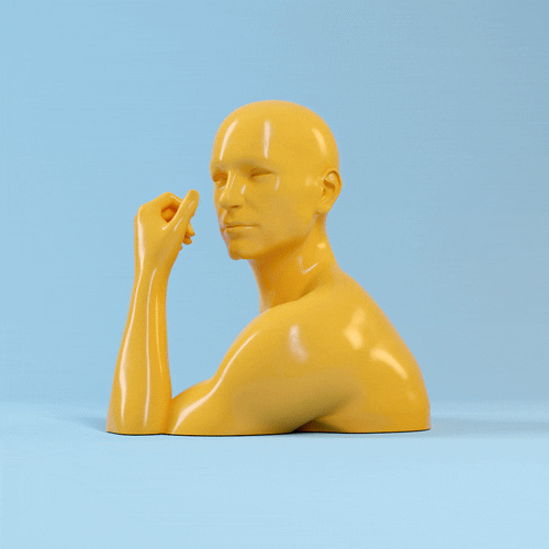 A yellow mannequin with a contemplative expression, resting its chin on a finger against a blue background.