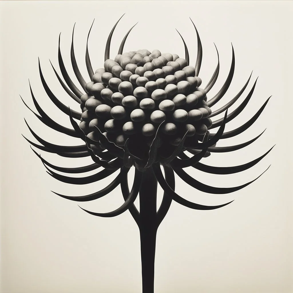 A black and white sculpture of a large flower with spherical center and long, curved, pointed petals.