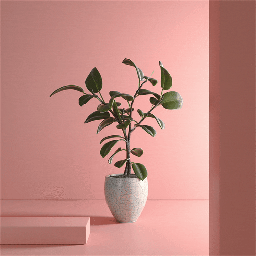 Green leafy plant in a speckled white ceramic pot against a pink background.
