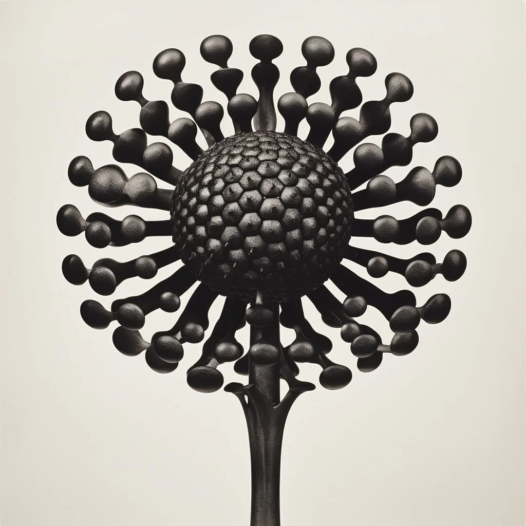 A black and gray sculpture resembling a stylized virus or molecular structure with a round textured central core and numerous protruding elongated shapes with rounded ends, mounted on a dark stand.