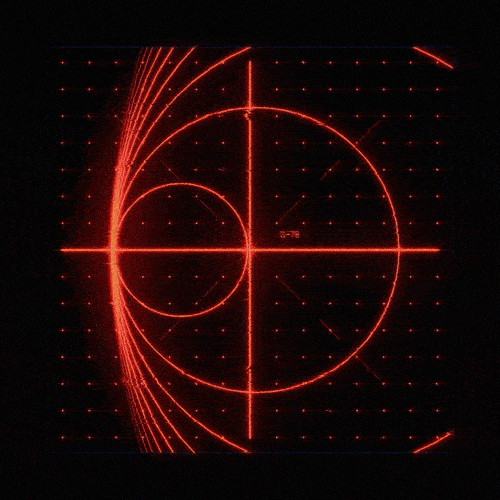 A digital radar screen with red glowing concentric circles, lines, and a grid on a black background.