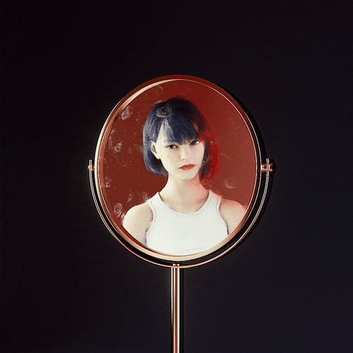 A young woman with blue hair looking at her reflection in a round mirror.