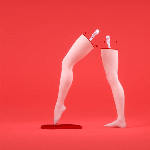 Two mannequin legs with holes, spilling milk onto the floor against a red background.