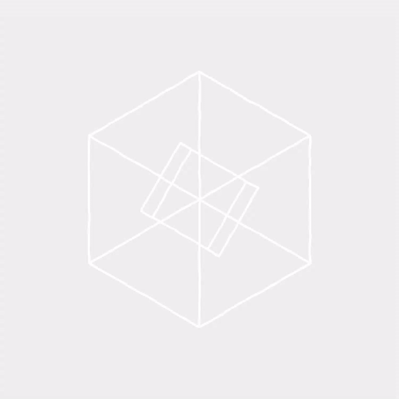 A faint outline of a 3D wireframe cube with some parallel lines inside, against a light gray background.