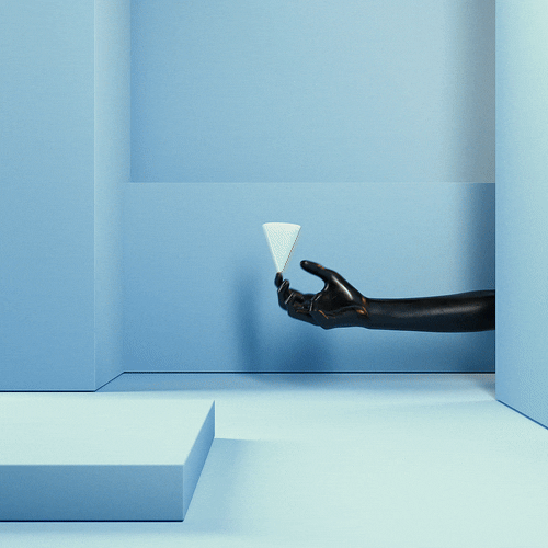 A black gloved hand extends from the right, holding a white cone against a light blue geometric background.