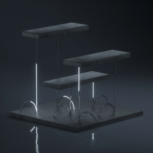 Modern abstract sculpture featuring floating concrete slabs, illuminated vertical rods, and curved metal arches on a reflective dark surface.