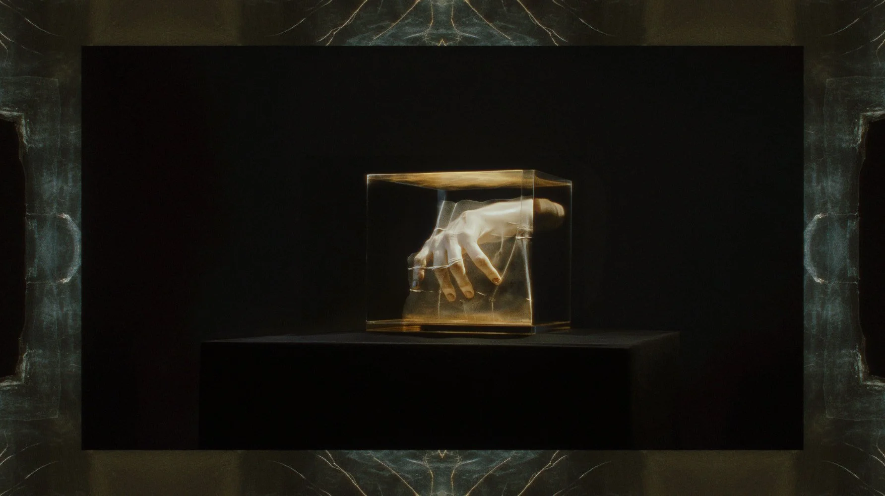 A human hand with fingers curled and bent, inside a glass cube with gold accents, displayed on a dark platform against a black background.