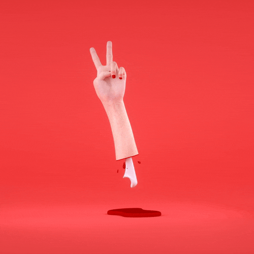 A puppet hand with two fingers raised, resembling a peace sign, with a hole at the wrist and black ink dripping below, against a red background.