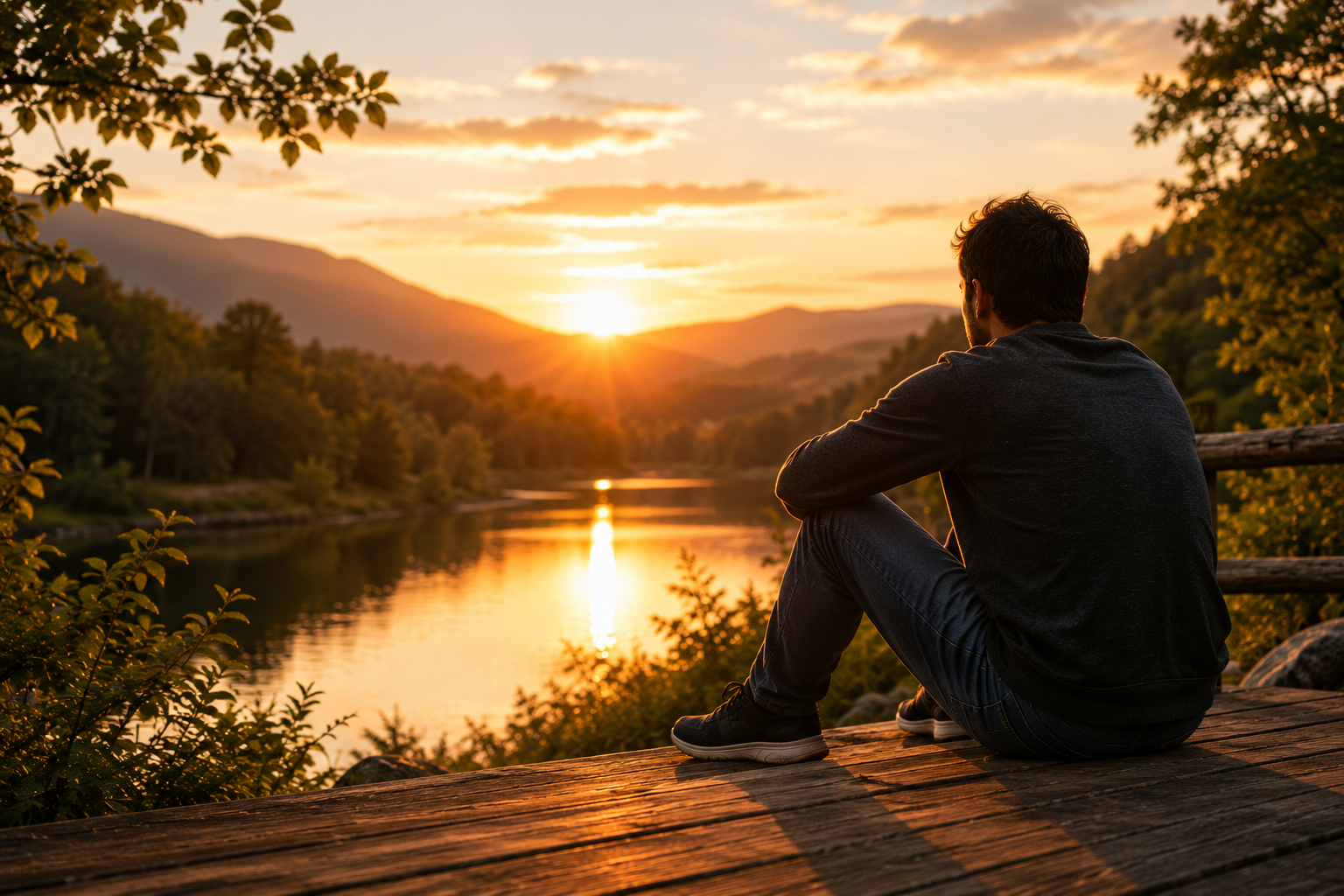 A man sitting on a wooden dock at sunset, gazing at a river surrounded by trees and mountains in the distance.