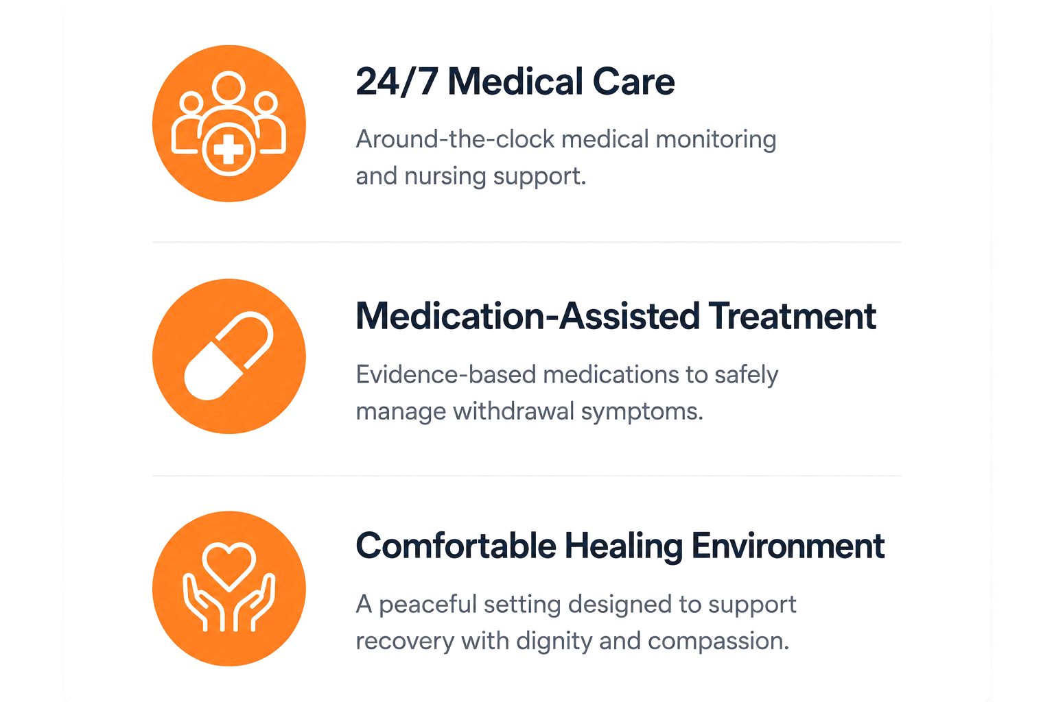 Icons representing medical care, medication, and healing environment accompanying descriptions for 24/7 medical care, medication-assisted treatment, and a comfortable healing environment.