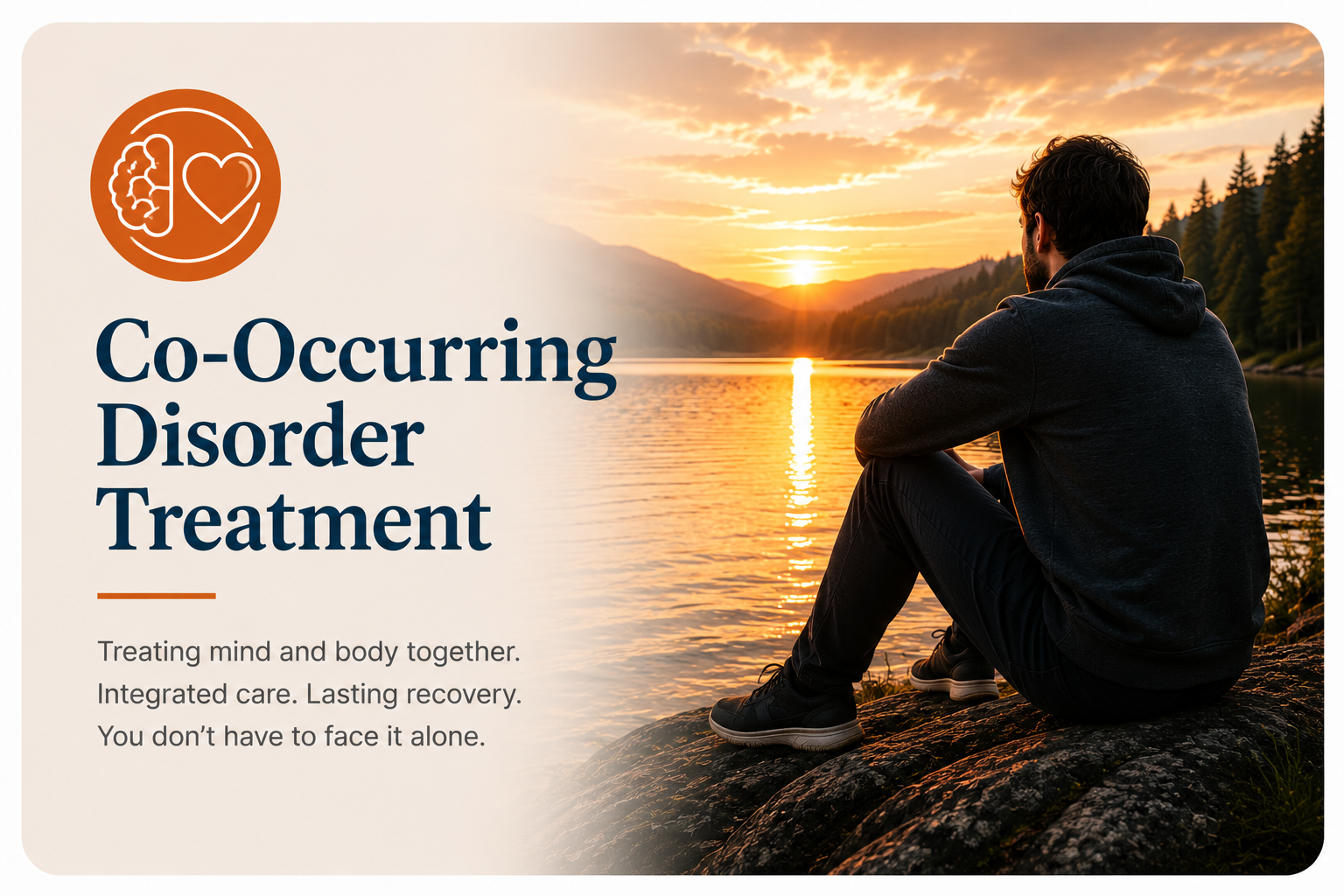 A man sitting on a rock by a lake during sunset, gazing at the mountains and the sunset in the distance, with an overlaid informational graphic about co-occurring disorder treatment.