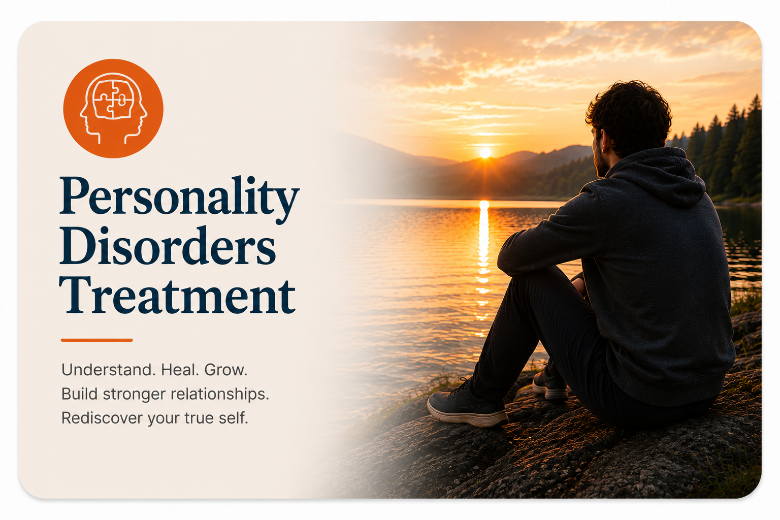 A man sitting on rocks by a lake at sunset, overlooking mountains, with text about personality disorders treatment.